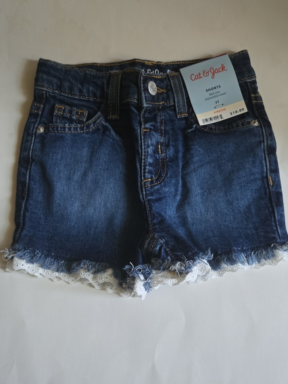 NWT Cat & Jack Toddler Girl Denim Shorts Lace Trim Mid Rise Adjustable Waist
